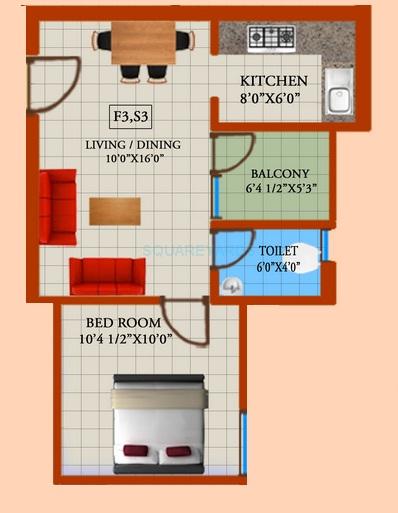 Floor plan of 1 BHK 510 Sq. Ft. Apartment in Jai Sai Homes Sai Villas, Chennai