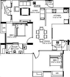 Floor plan of 2 BHK 1020 Sq. Ft. Apartment in Jain West Minster, Chennai