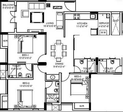 Floor plan of 3 BHK 1400 Sq. Ft. Apartment in Jain West Minster, Chennai