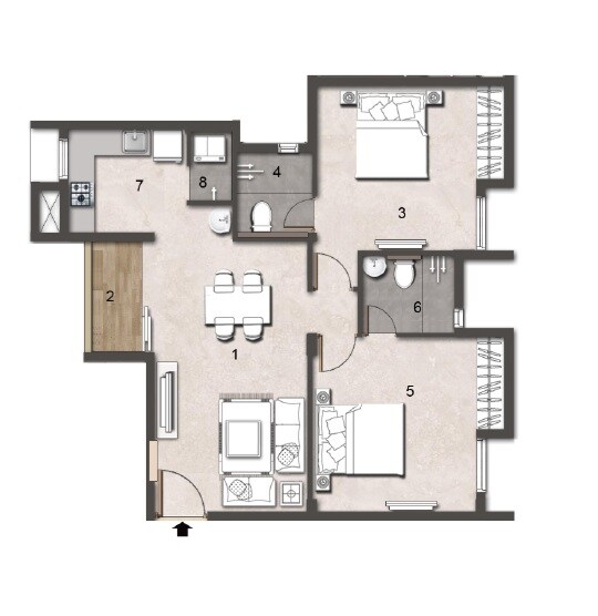 Floor plan of 2 BHK 914 Sq. Ft. Apartment in Jains Aadheeswar, Chennai