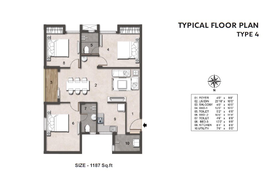 Floor plan of 3 BHK 1187 Sq. Ft. Apartment in Jains Aadheeswar, Chennai