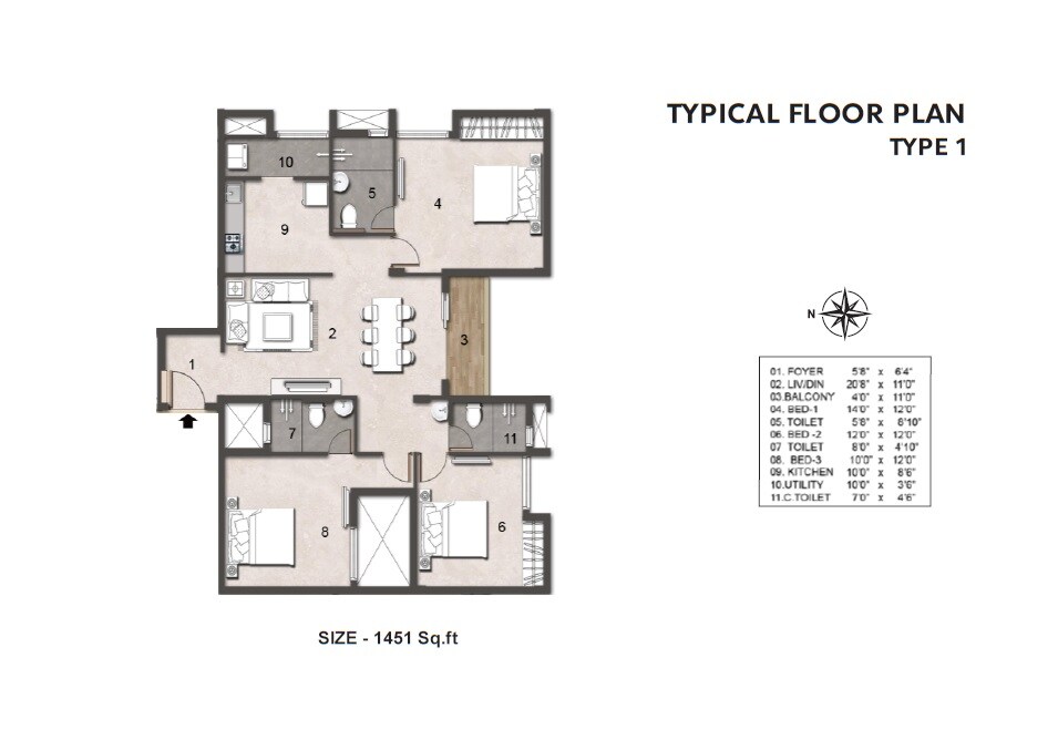 Floor plan of 3 BHK 1451 Sq. Ft. Apartment in Jains Aadheeswar, Chennai