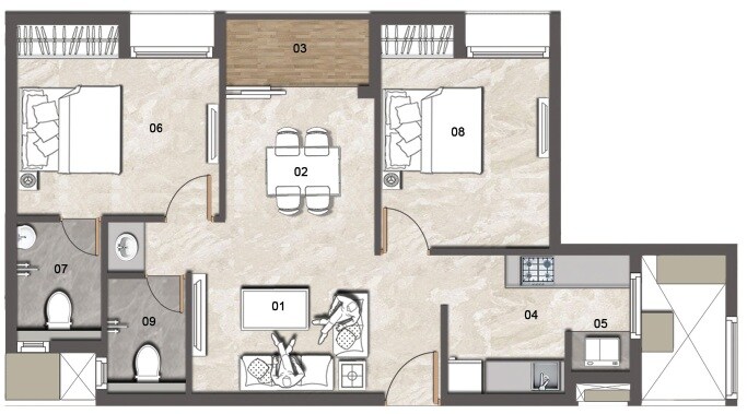 Floor plan of 2 BHK 933 Sq. Ft. Apartment in Jains Aadhya Bharath, Chennai