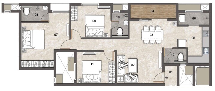 Floor plan of 3 BHK 1289 Sq. Ft. Apartment in Jains Aadhya Bharath, Chennai