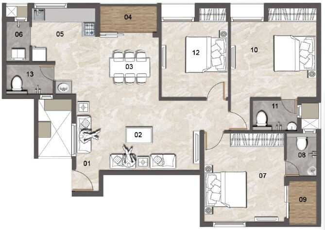 Floor plan of 3 BHK 1489 Sq. Ft. Apartment in Jains Aadhya Bharath, Chennai