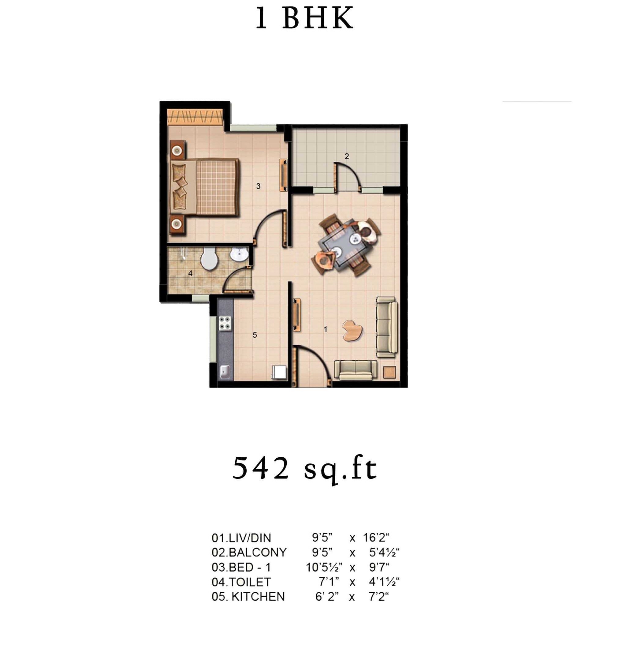 Floor plan of 1 BHK 542 Sq. Ft. Apartment in Jains Pebble Brook Phase I, Chennai