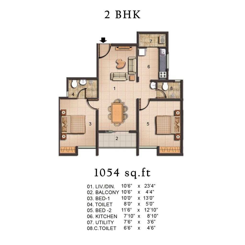 Floor plan of 2 BHK 1054 Sq. Ft. Apartment in Jains Pebble Brook Phase I, Chennai