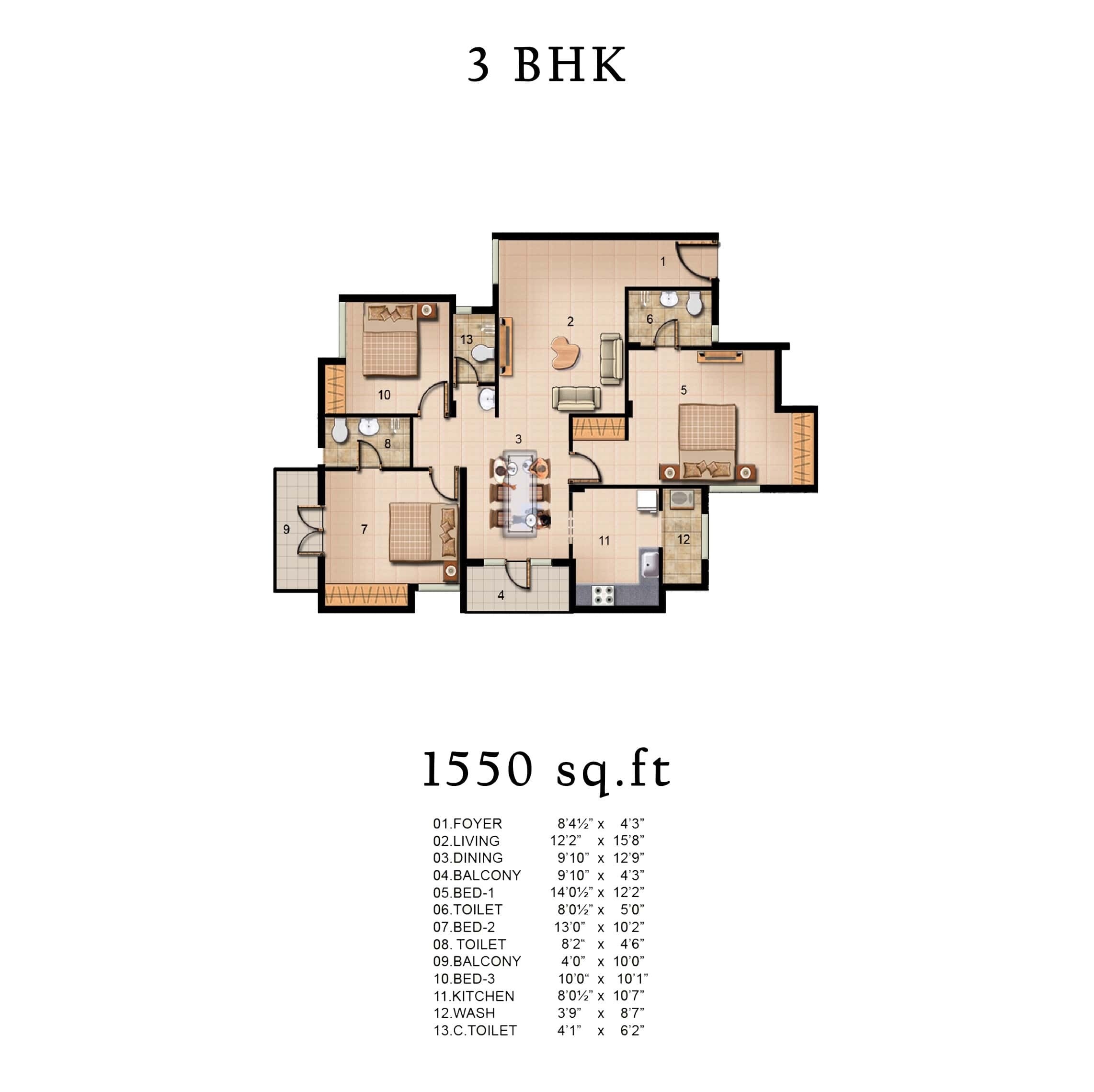 Floor plan of 3 BHK 1550 Sq. Ft. Apartment in Jains Pebble Brook Phase I, Chennai
