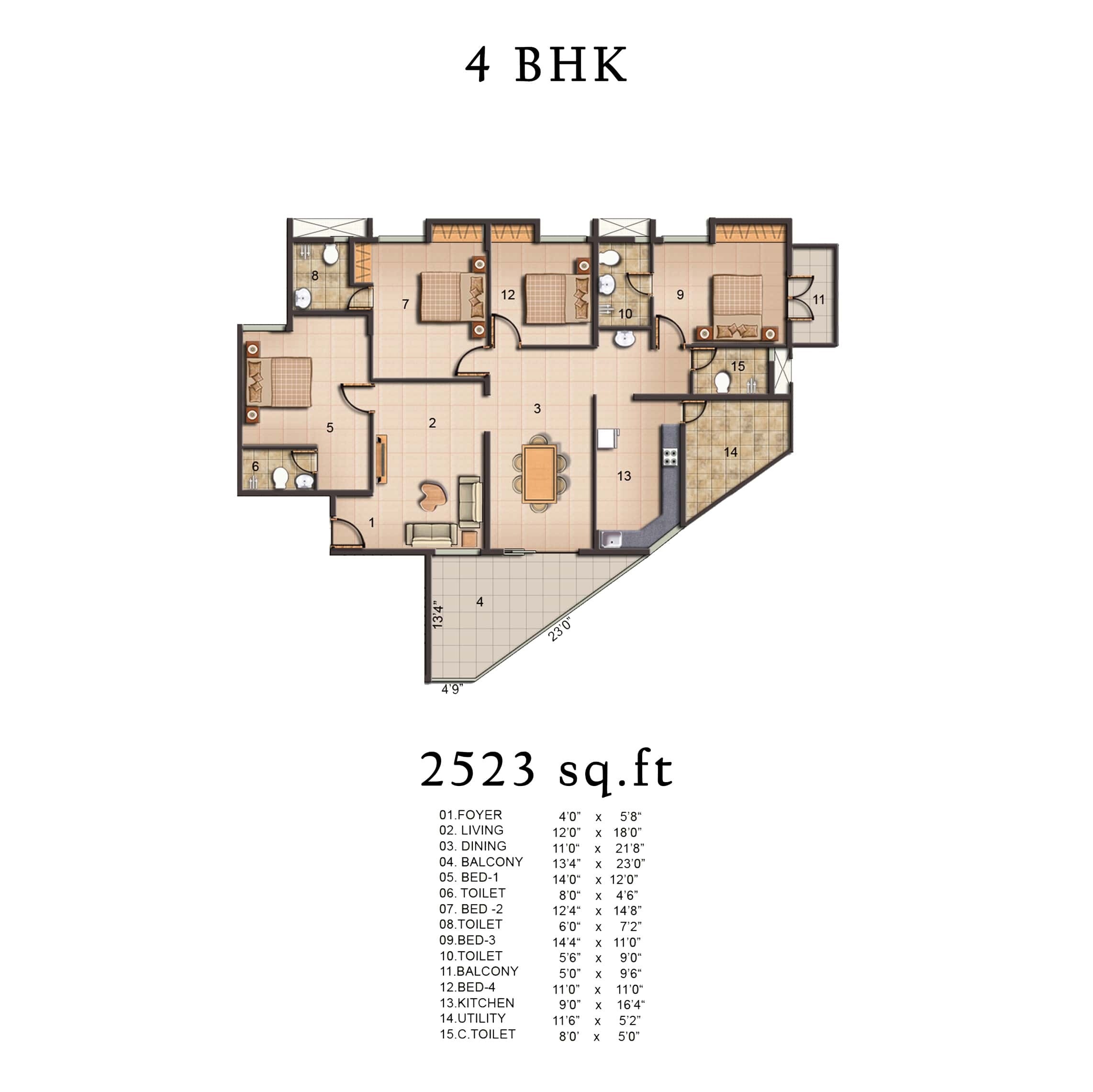 Floor plan of 4 BHK 2523 Sq. Ft. Apartment in Jains Pebble Brook Phase I, Chennai