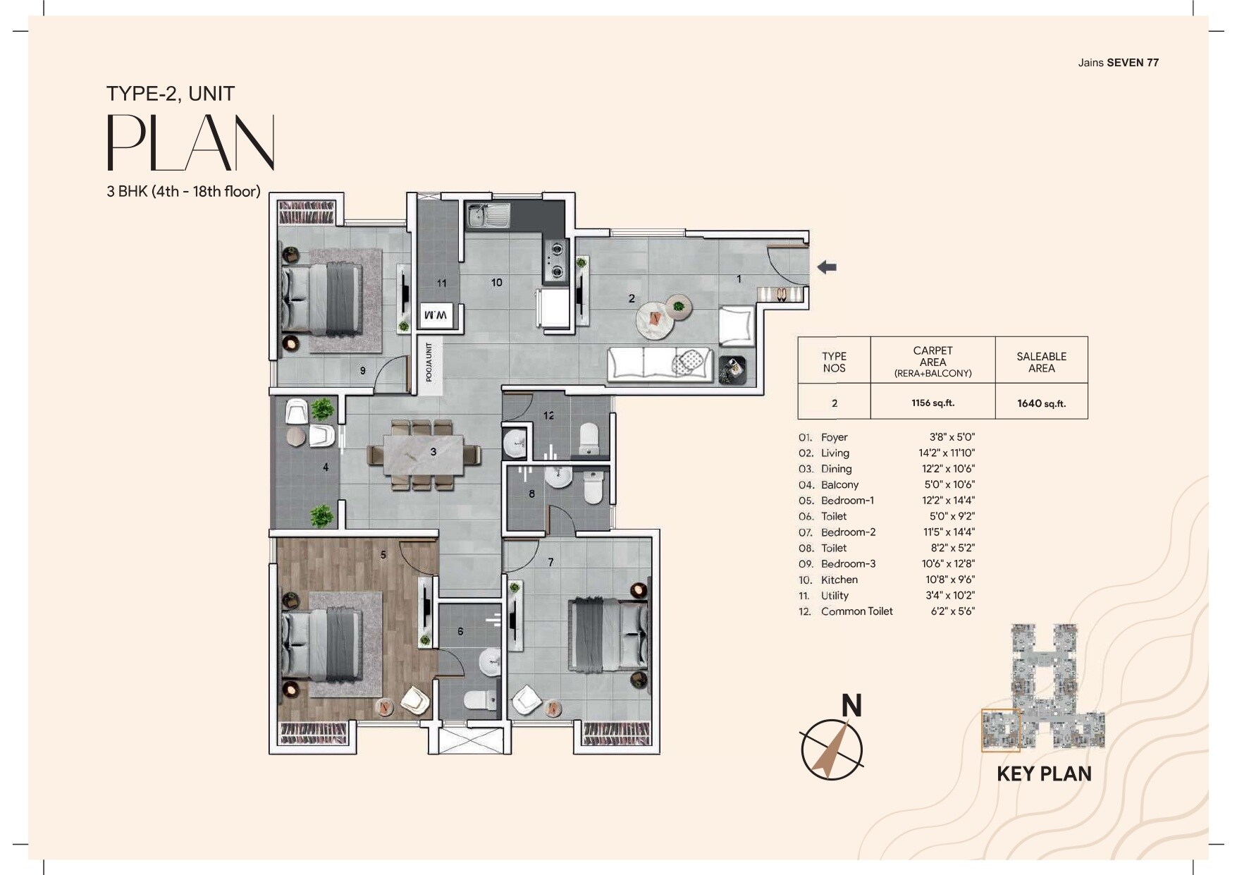 Floor plan of 2 BHK 1048 Sq. Ft. Apartment in Jains Seven 77, Chennai