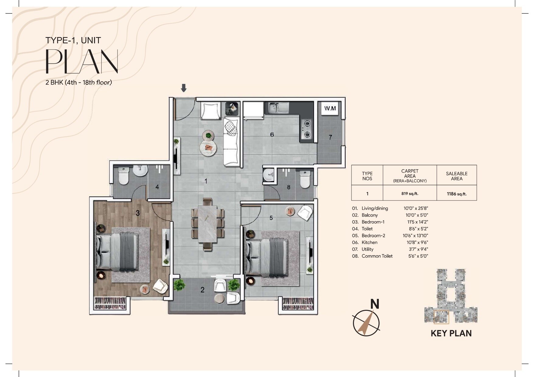 Floor plan of 2 BHK 1186 Sq. Ft. Apartment in Jains Seven 77, Chennai