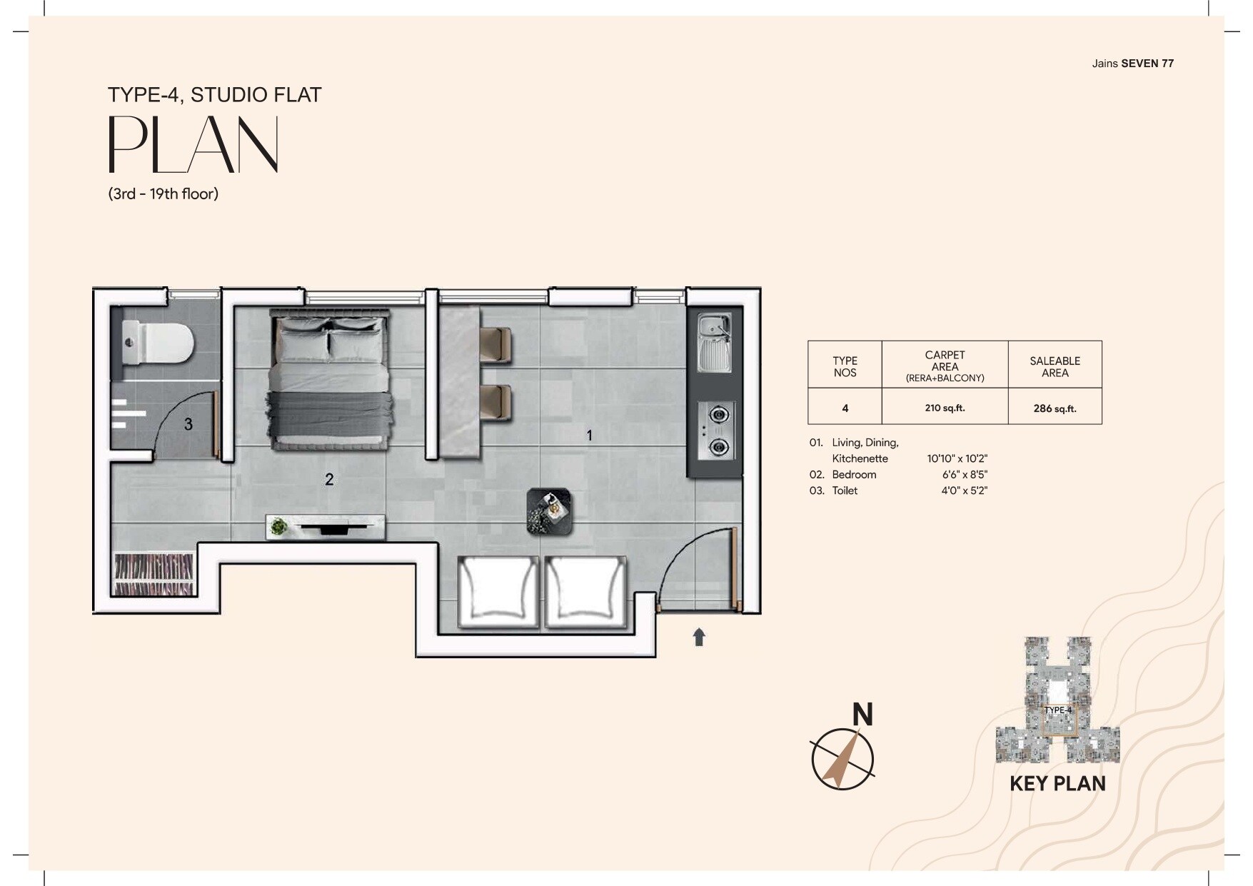 Floor plan of 286 Sq. Ft. Studio in Jains Seven 77, Chennai