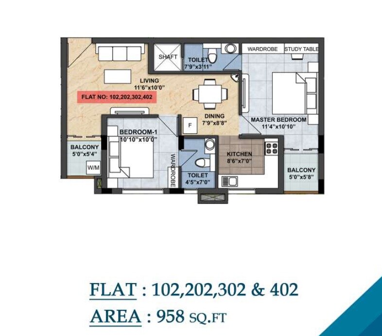 2 BHK 958 Sq. Ft. Apartment