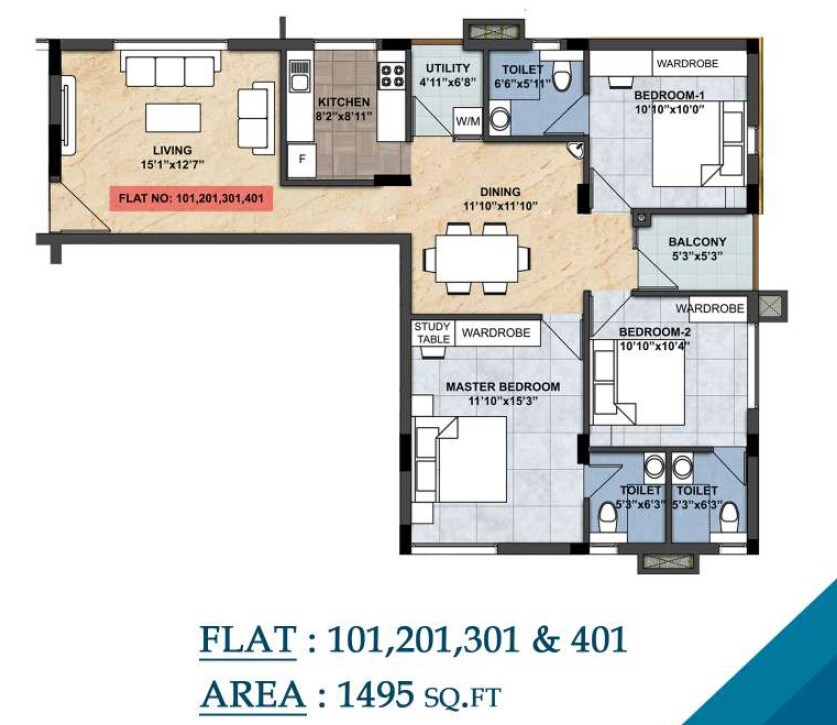 3 BHK 1495 Sq. Ft. Apartment