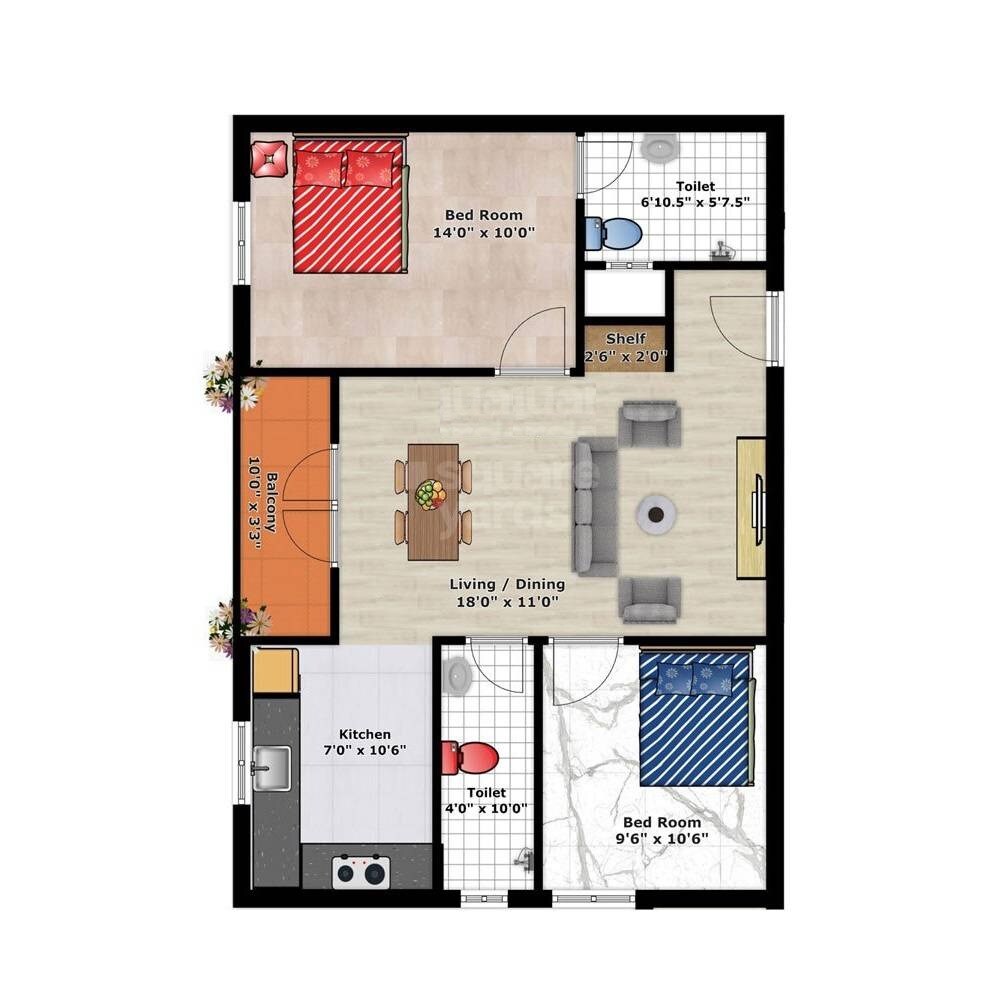Floor plan of 2 BHK 618 Sq. Ft. Apartment in JD Luxora, Chennai