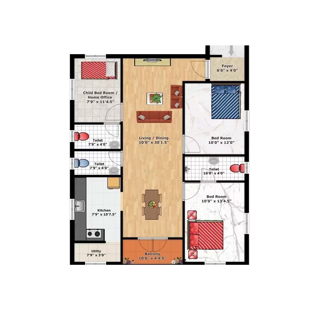 Floor plan of 3 BHK 876 Sq. Ft. Apartment in JD Luxora, Chennai