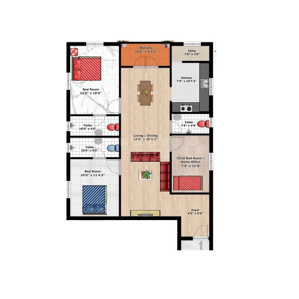 Floor plan of 3 BHK 912 Sq. Ft. Apartment in JD Luxora, Chennai