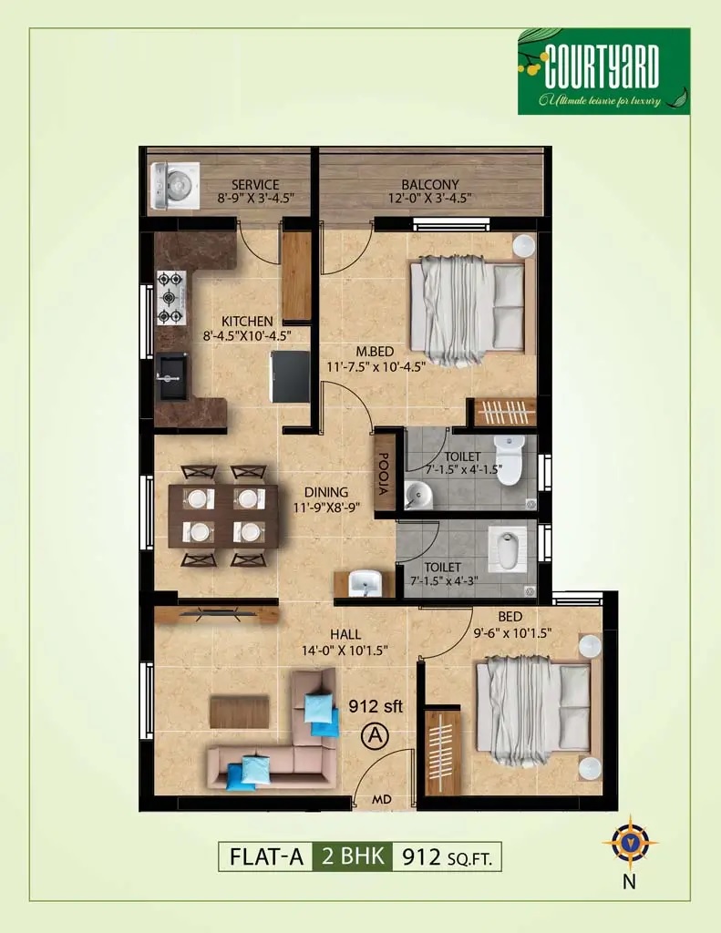 2 BHK 912 Sq. Ft. Apartment in Jeyam Courtyard