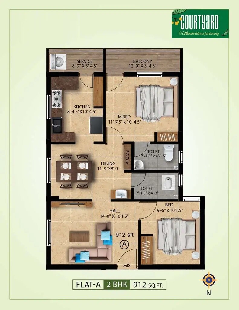 Floor plan of 2 BHK 912 Sq. Ft. Apartment in Jeyam Courtyard, Chennai