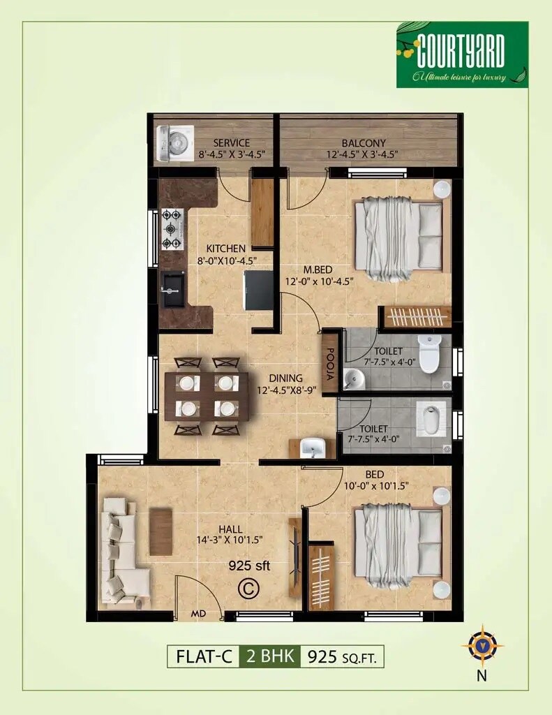 Floor plan of 2 BHK 925 Sq. Ft. Apartment in Jeyam Courtyard, Chennai