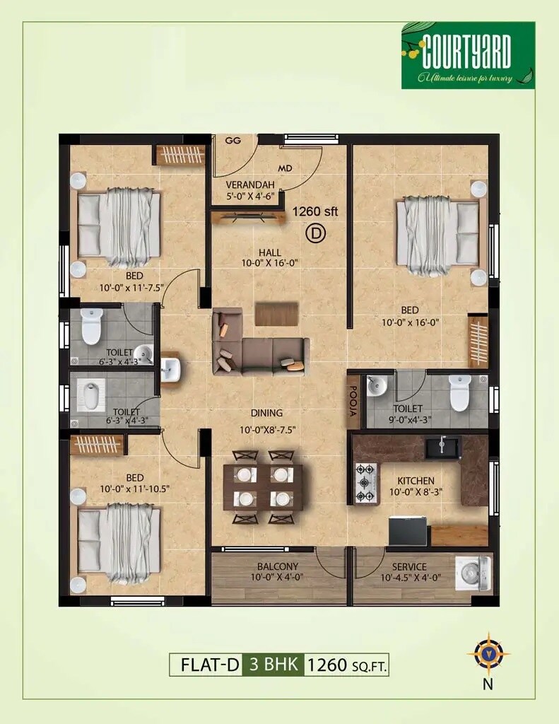 Floor plan of 3 BHK 1260 Sq. Ft. Apartment in Jeyam Courtyard, Chennai