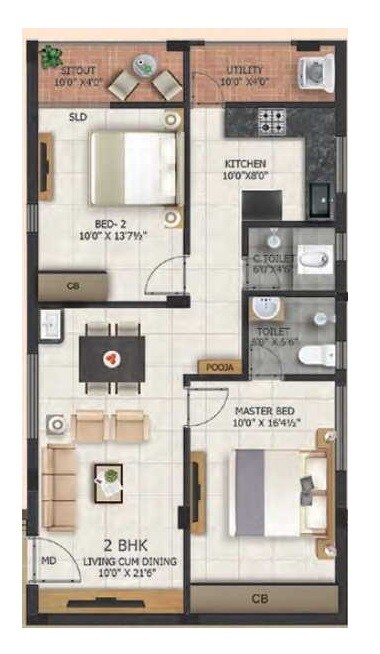 Floor plan of 2 BHK 1150 Sq. Ft. Apartment in Jeyam Empire, Chennai