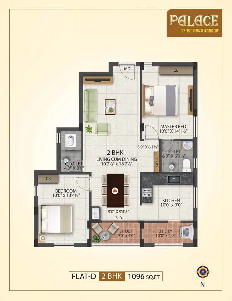 Floor plan of 2 BHK 1096 Sq. Ft. Apartment in Jeyam Palace, Chennai