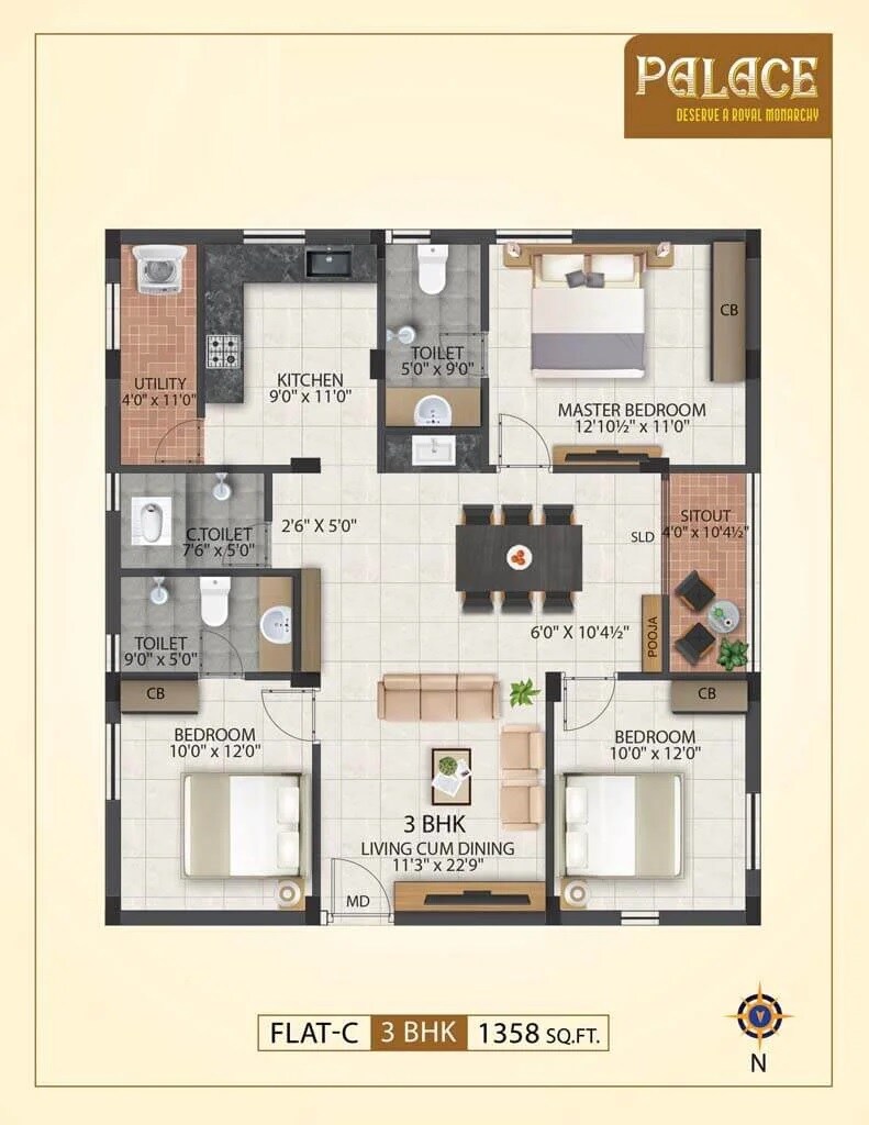 Floor plan of 3 BHK 1358 Sq. Ft. Apartment in Jeyam Palace, Chennai