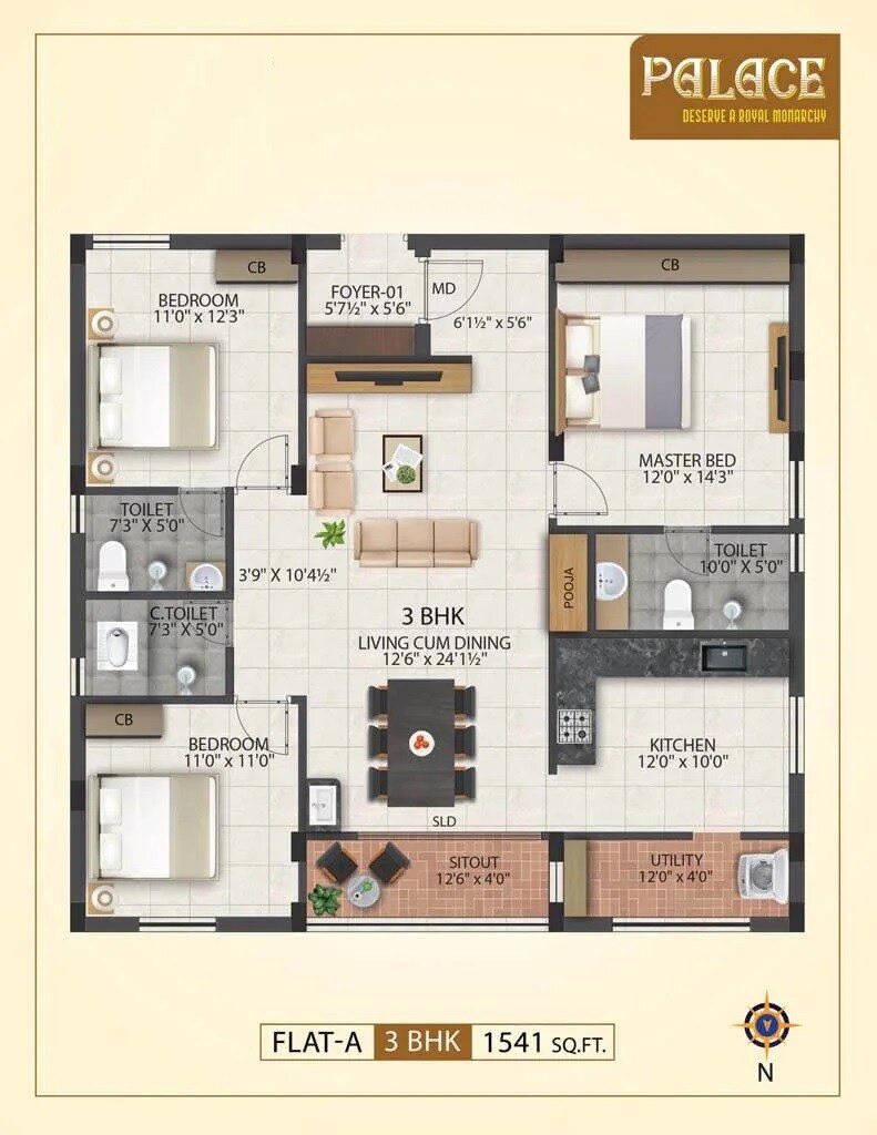 Floor plan of 3 BHK 1541 Sq. Ft. Apartment in Jeyam Palace, Chennai