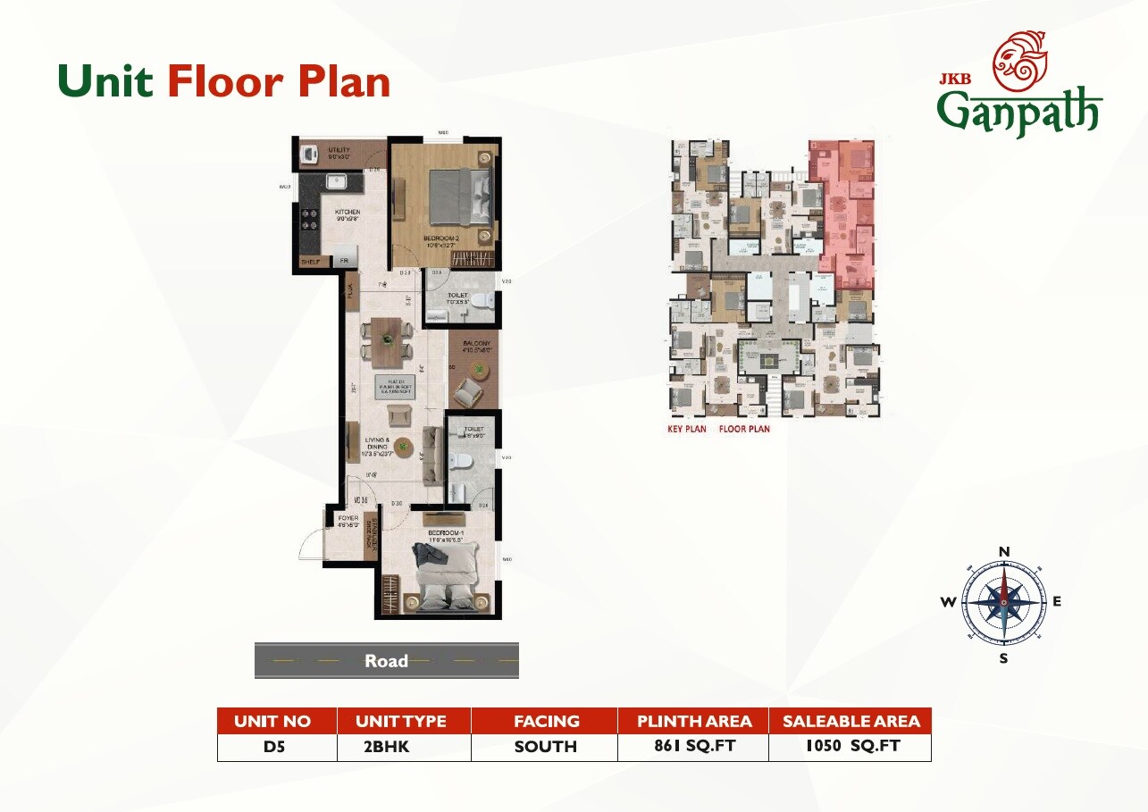 Floor plan of 2 BHK 1050 Sq. Ft. Apartment in JKB Ganpath, Chennai