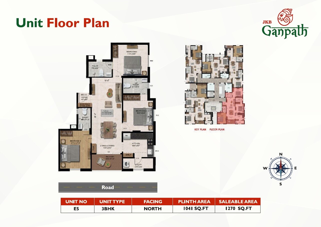 Floor plan of 3 BHK 1270 Sq. Ft. Apartment in JKB Ganpath, Chennai