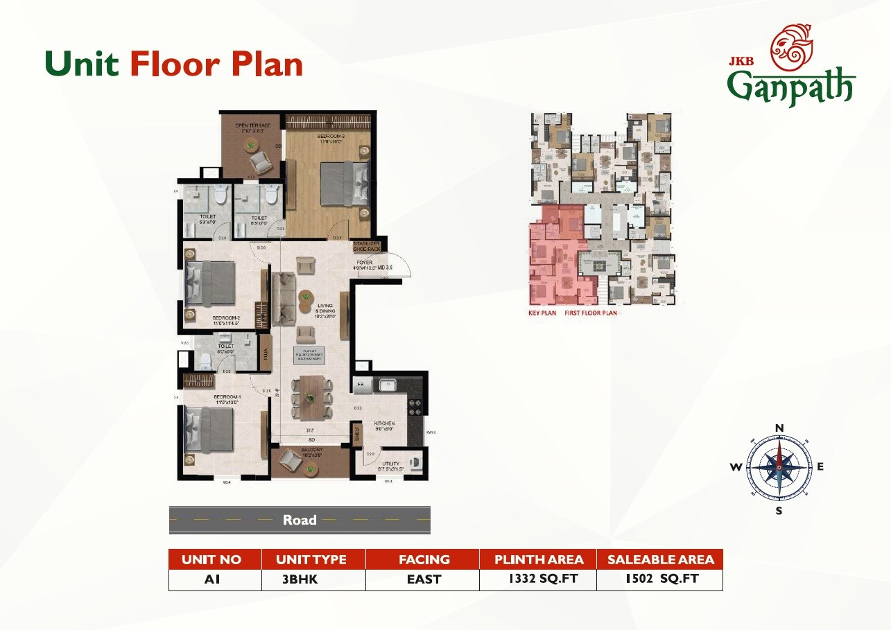 Floor plan of 3 BHK 1502 Sq. Ft. Apartment in JKB Ganpath, Chennai