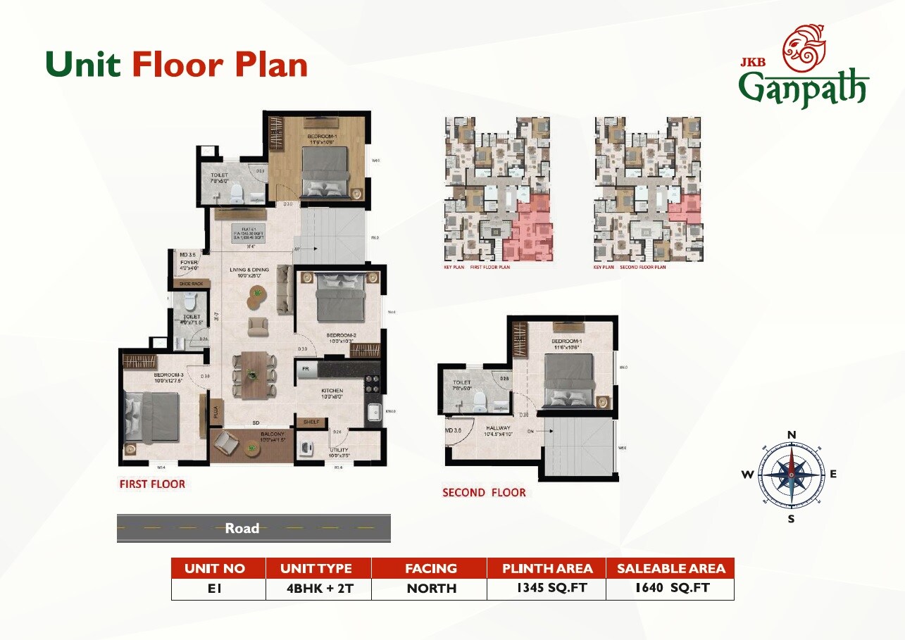 Floor plan of 4 BHK 1640 Sq. Ft. Apartment in JKB Ganpath, Chennai