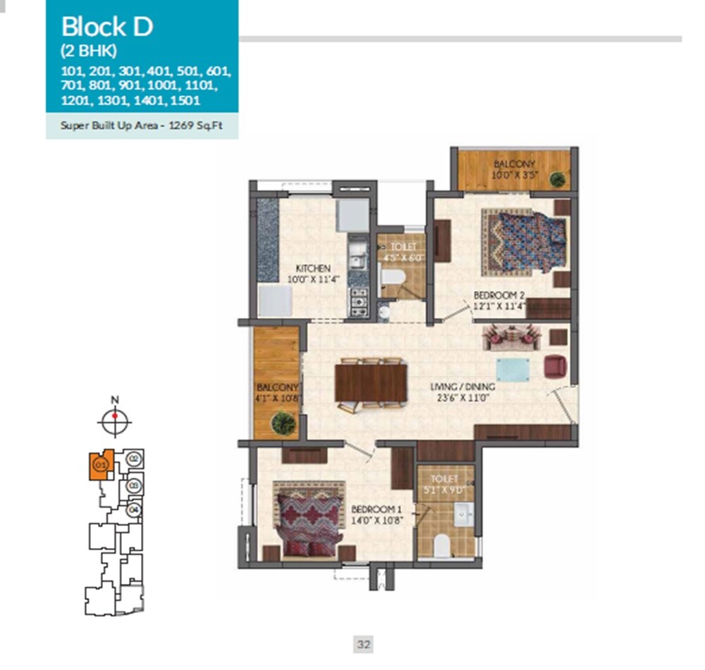 Floor plan of 2 BHK 1269 Sq. Ft. Apartment in Jones Blazia, Chennai