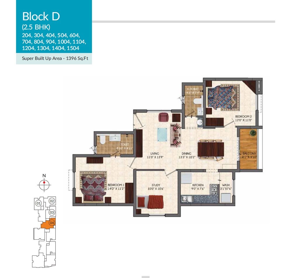 Floor plan of 2 BHK 1396 Sq. Ft. Apartment in Jones Blazia, Chennai