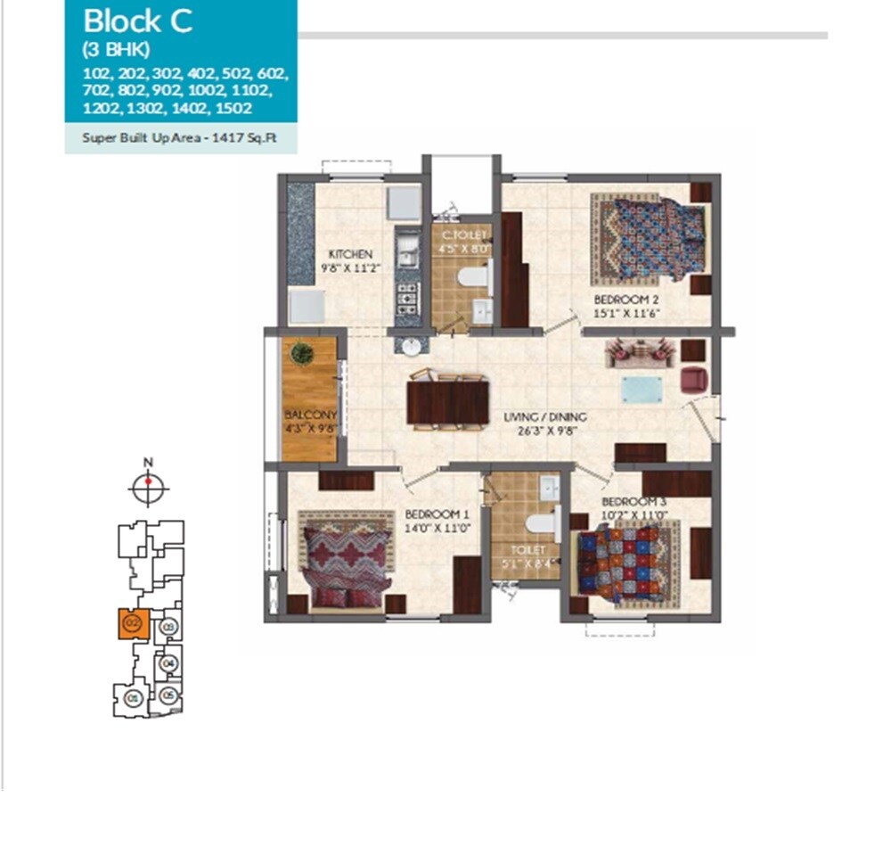 Floor plan of 3 BHK 1417 Sq. Ft. Apartment in Jones Blazia, Chennai