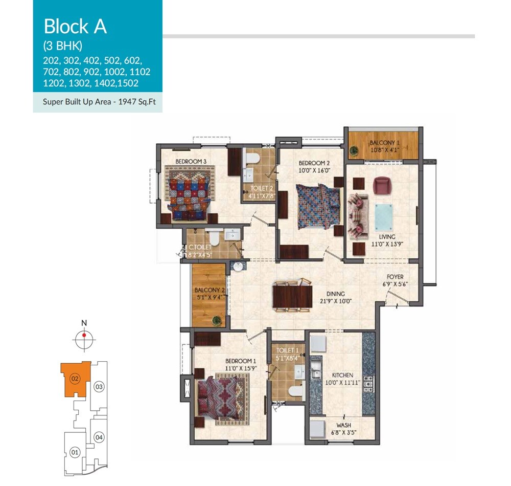 Floor plan of 3 BHK 1947 Sq. Ft. Apartment in Jones Blazia, Chennai
