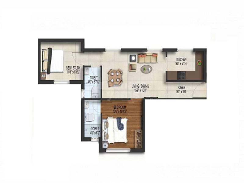Floor plan of 2 BHK 736 Sq. Ft. Apartment in JVJ Bliss, Chennai