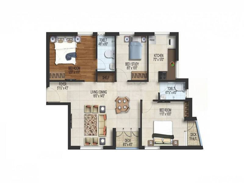 Floor plan of 3 BHK 1083 Sq. Ft. Apartment in JVJ Bliss, Chennai