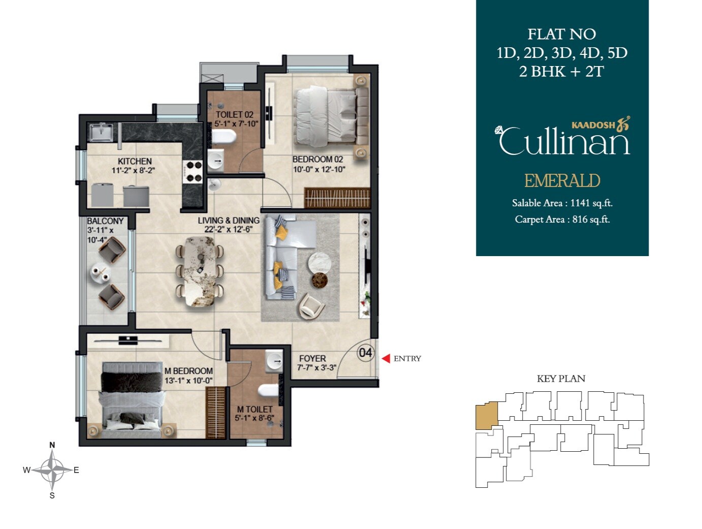 Floor plan of 2 BHK 1141 Sq. Ft. Apartment in Kaadosh Cullinan, Chennai