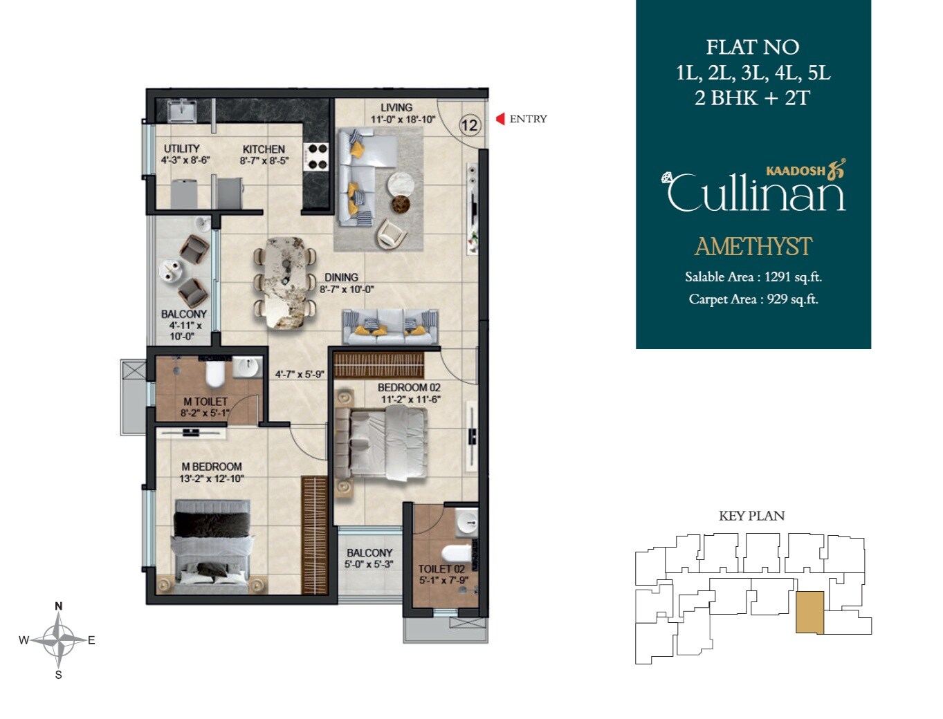 Floor plan of 2 BHK 1291 Sq. Ft. Apartment in Kaadosh Cullinan, Chennai