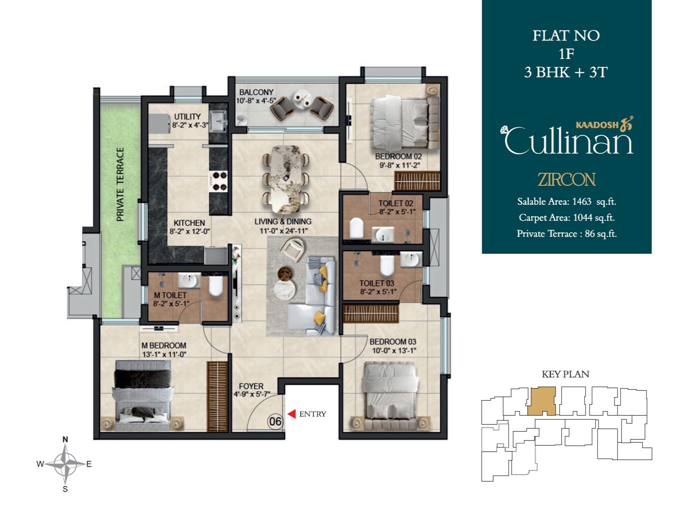 Floor plan of 3 BHK 1463 Sq. Ft. Apartment in Kaadosh Cullinan, Chennai