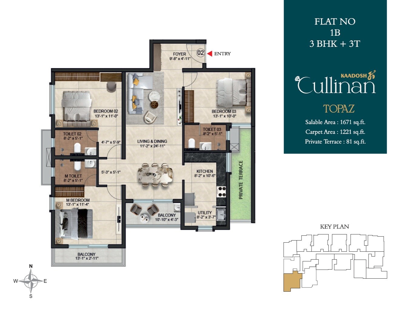 Floor plan of 3 BHK 1671 Sq. Ft. Apartment in Kaadosh Cullinan, Chennai