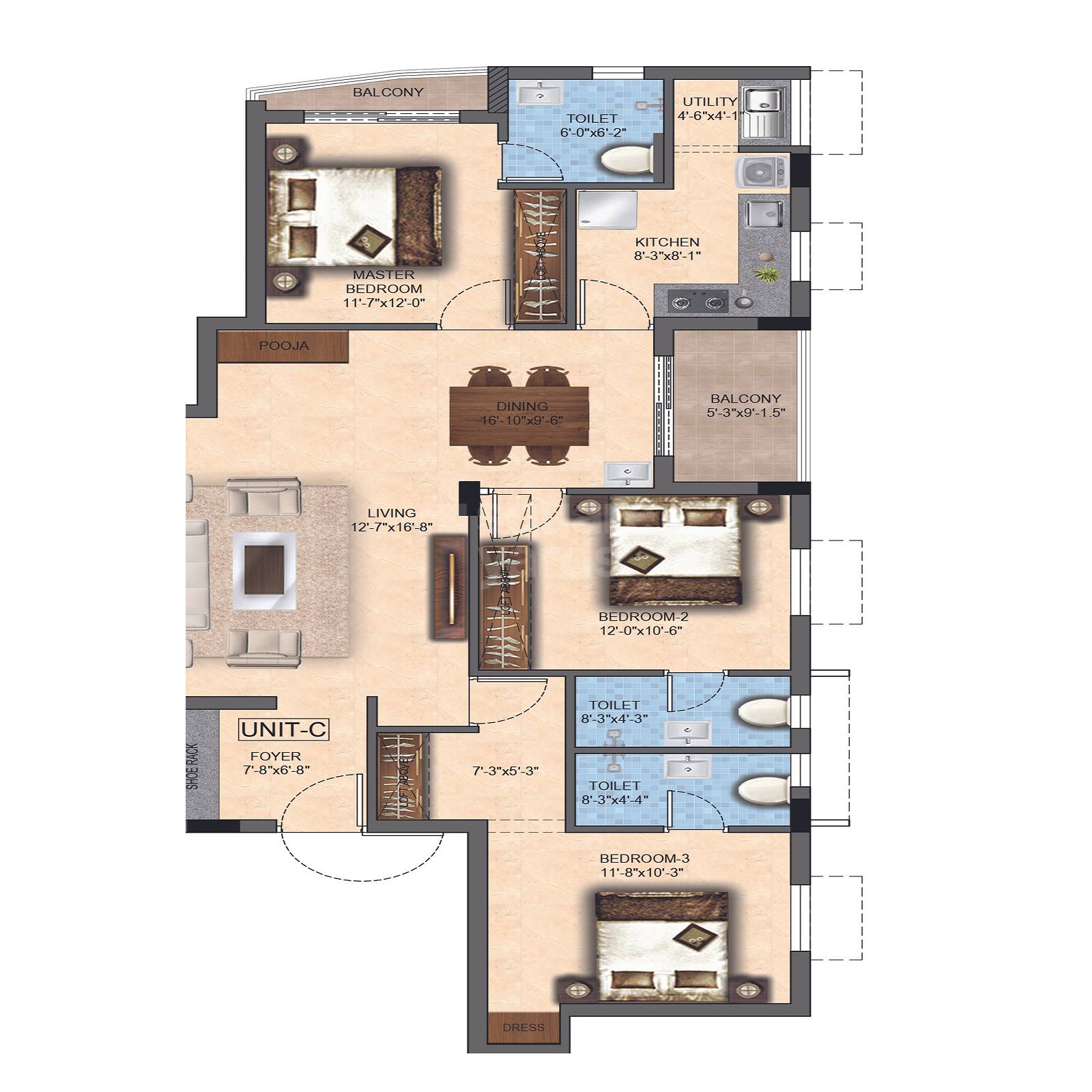 Floor plan of 3 BHK 1196 Sq. Ft. Apartment in Kaaviya Maham, Chennai