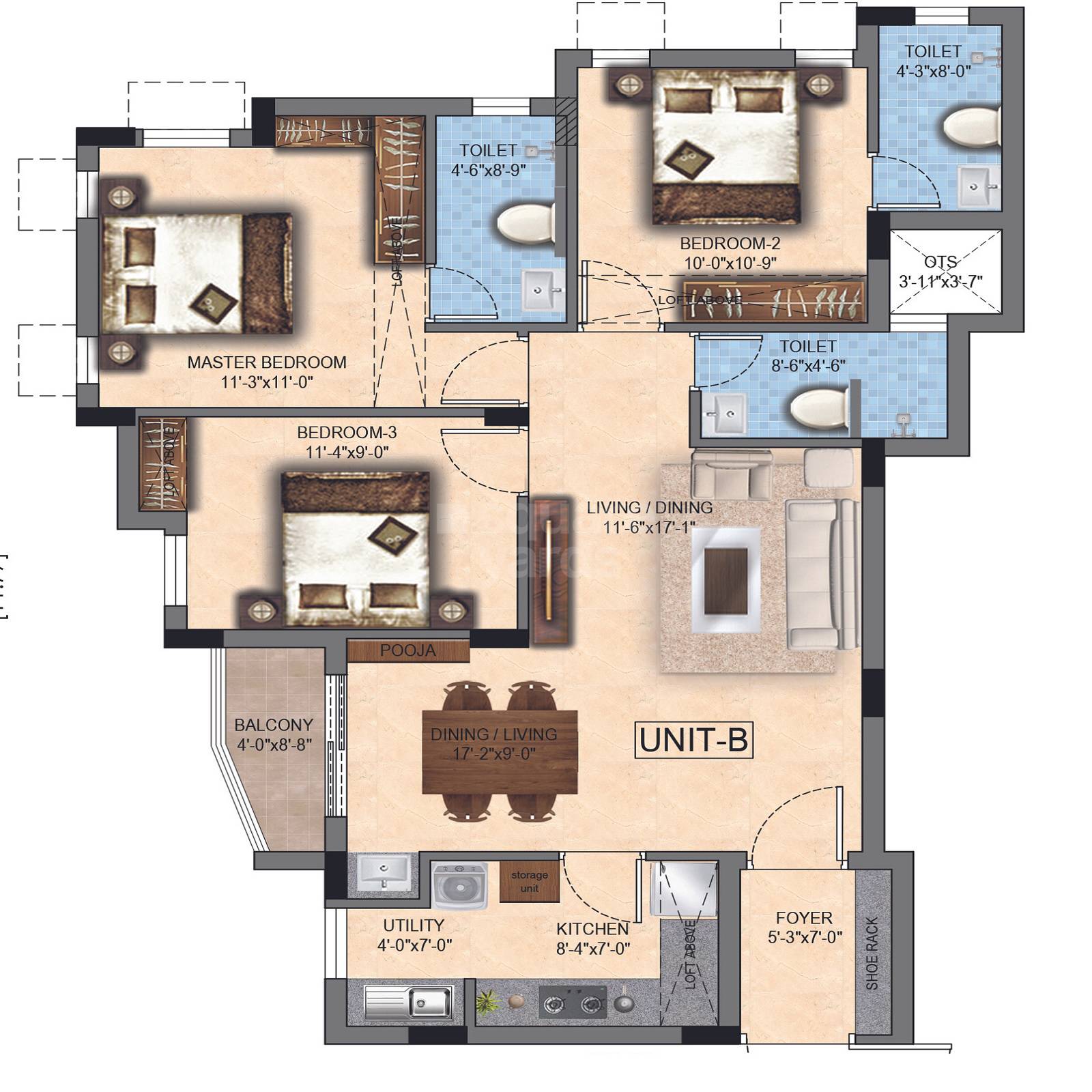 Floor plan of 3 BHK 1495 Sq. Ft. Apartment in Kaaviya Maham, Chennai