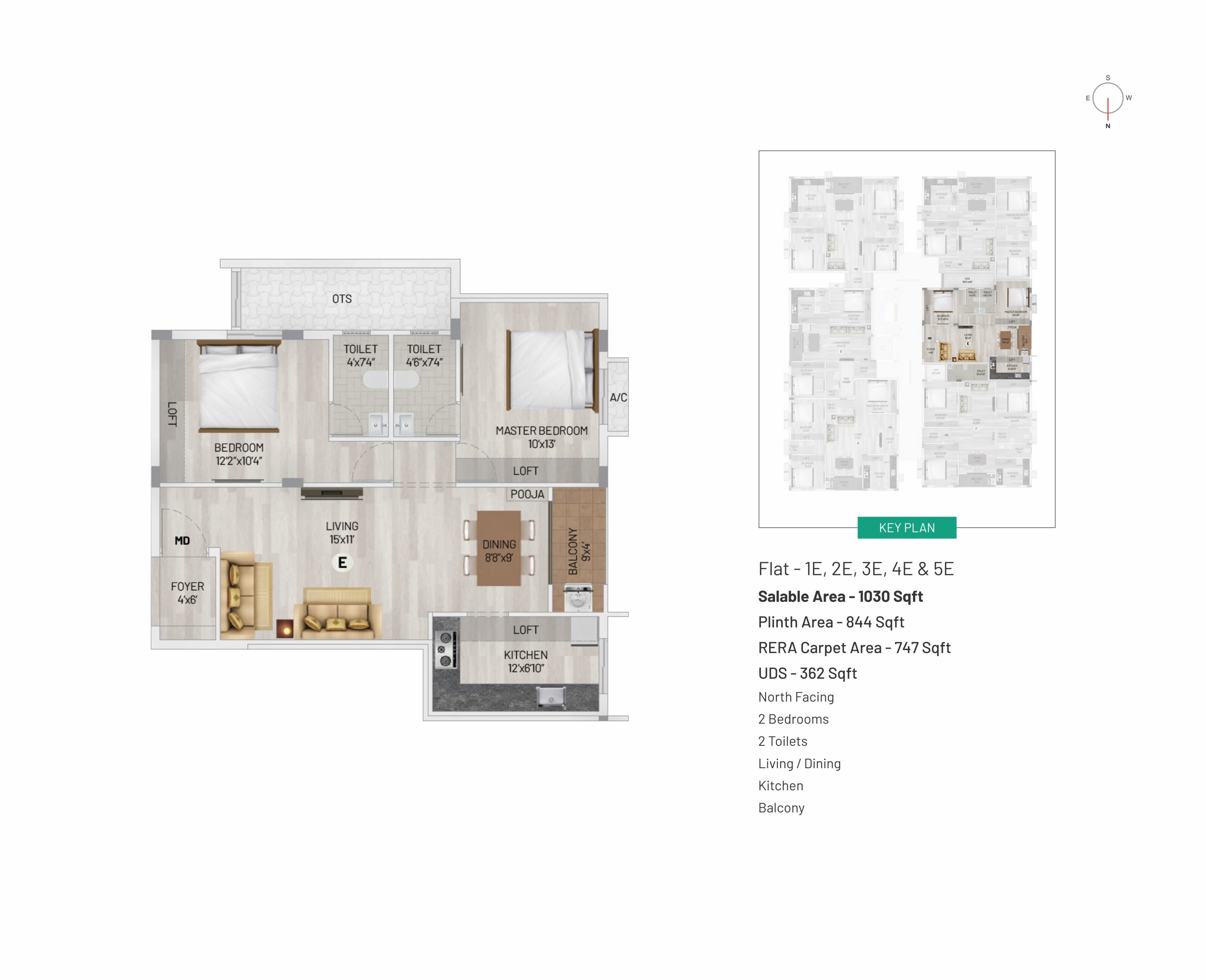 Floor plan of 2 BHK 1030 Sq. Ft. Apartment in Kaizen Vedha, Chennai