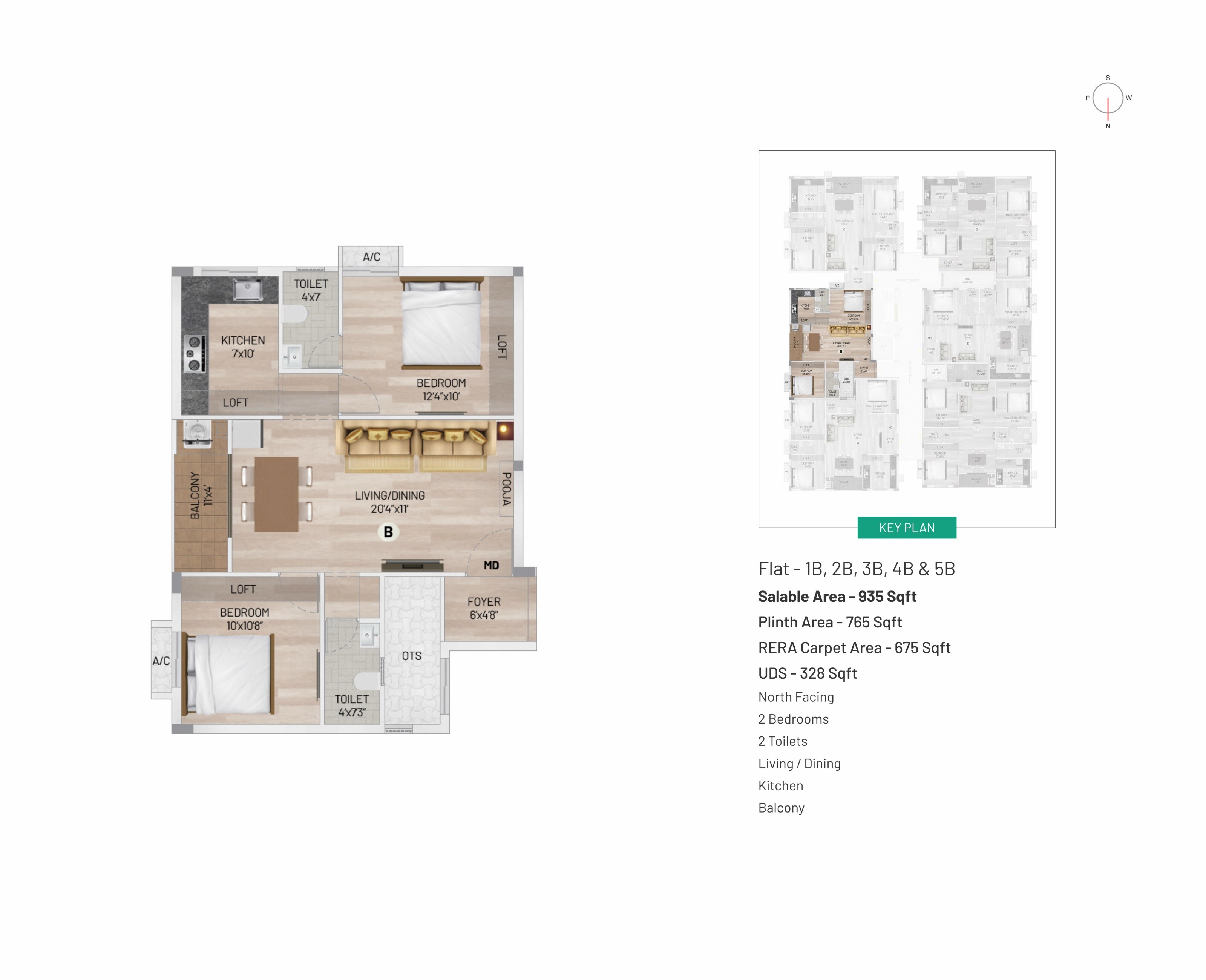 Floor plan of 2 BHK 935 Sq. Ft. Apartment in Kaizen Vedha, Chennai