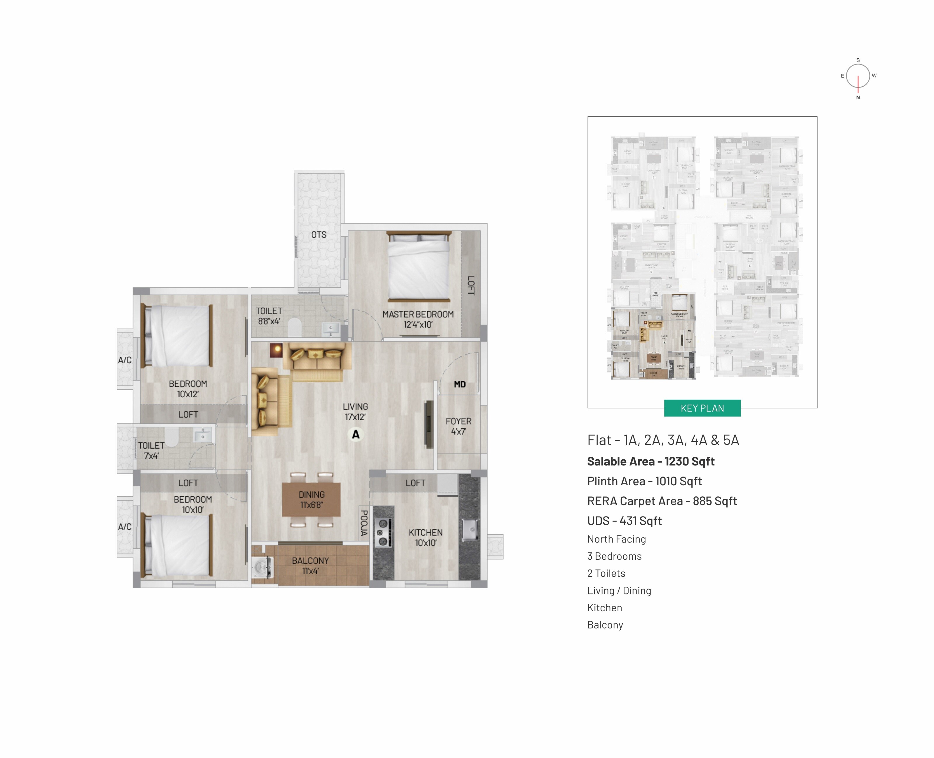 Floor plan of 3 BHK 1230 Sq. Ft. Apartment in Kaizen Vedha, Chennai