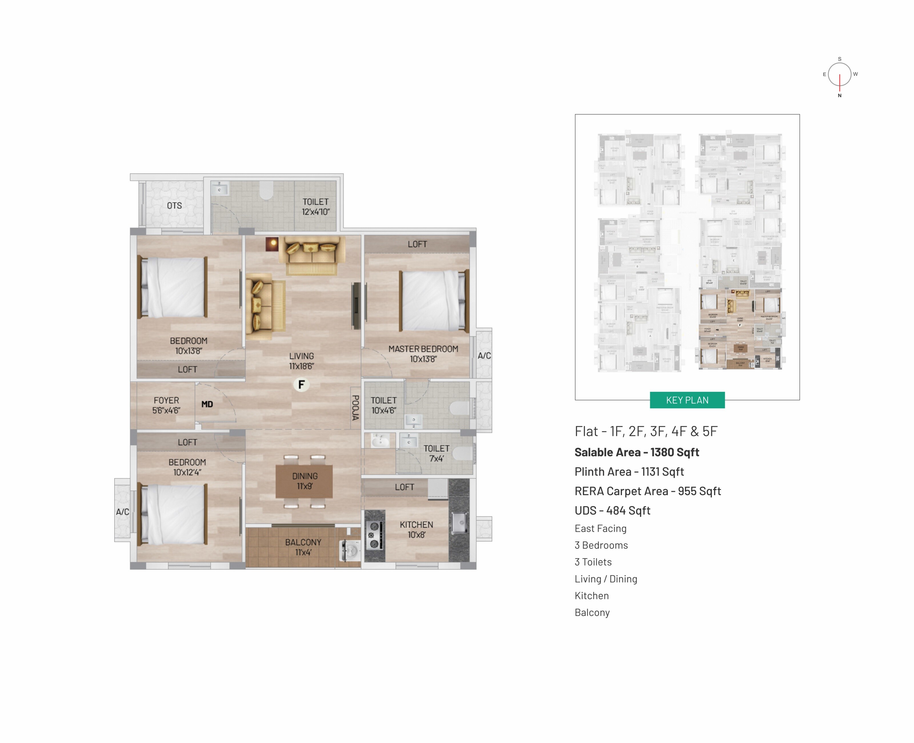 Floor plan of 3 BHK 1380 Sq. Ft. Apartment in Kaizen Vedha, Chennai