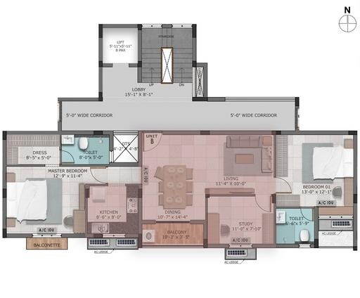 Floor plan of 3 BHK 1350 Sq. Ft. Apartment in Kalyani Vilasa, Chennai